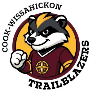 Cook-Wissahickon Trailblazers Mascot Logo Cartoon badger mascot wearing a maroon jersey with a golden compass emblem, set inside a circular badge with the words “Cook-Wissahickon Trailblazers.”